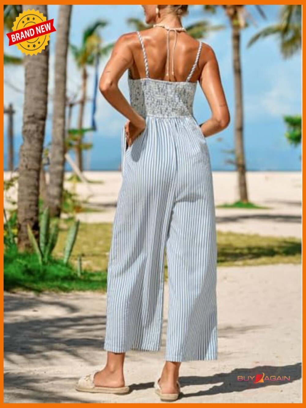 Backless Smocked Wide Leg Jumpsuit with Pockets Sleeveless Sweetheart Neck - Picture 2 of 6